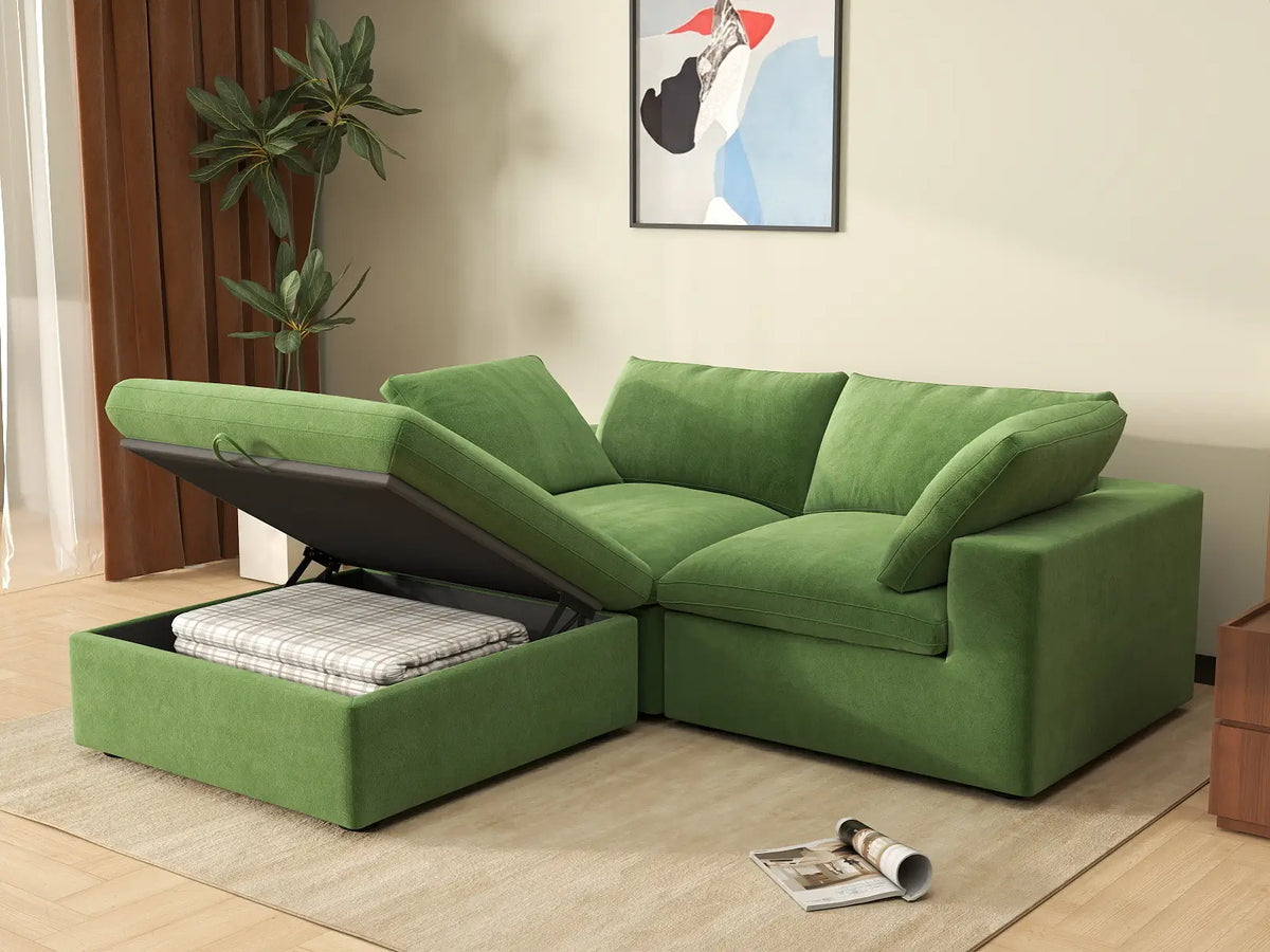 Deluxe Cloud 2-Seater Chaise Sectional in Earth Green Velvet | 3-Piece (Includes 1 Ottoman), Lounge Room Seating, Easy To Clean, Stylish Design