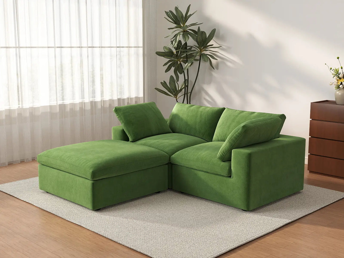 Deluxe Cloud 2-Seater Chaise Sectional in Earth Green Velvet | 3-Piece (Includes 1 Ottoman), Lounge Room Seating, Easy To Clean, Stylish Design