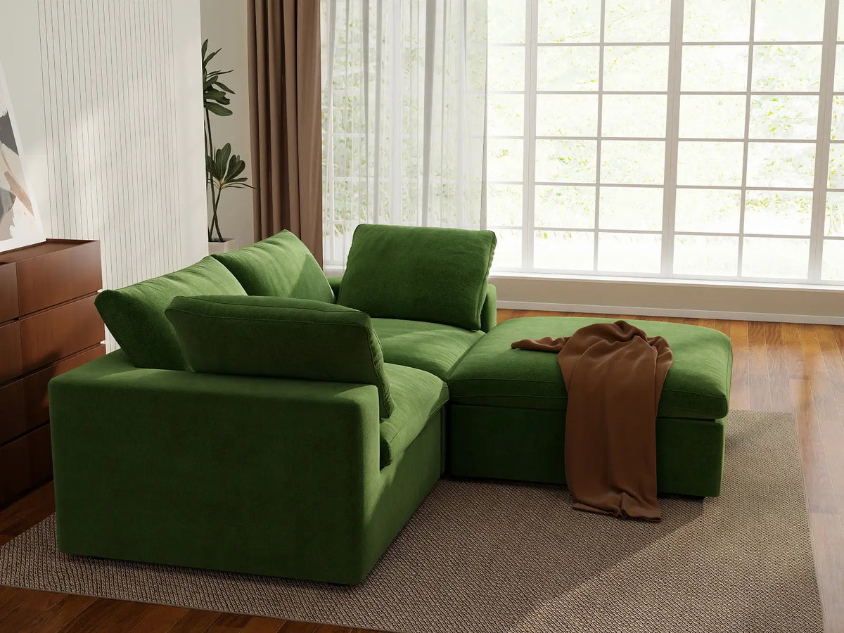 Deluxe Cloud 2-Seater Chaise Sectional in Earth Green Velvet | 3-Piece (Includes 1 Ottoman), Lounge Room Seating, Easy To Clean, Stylish Design