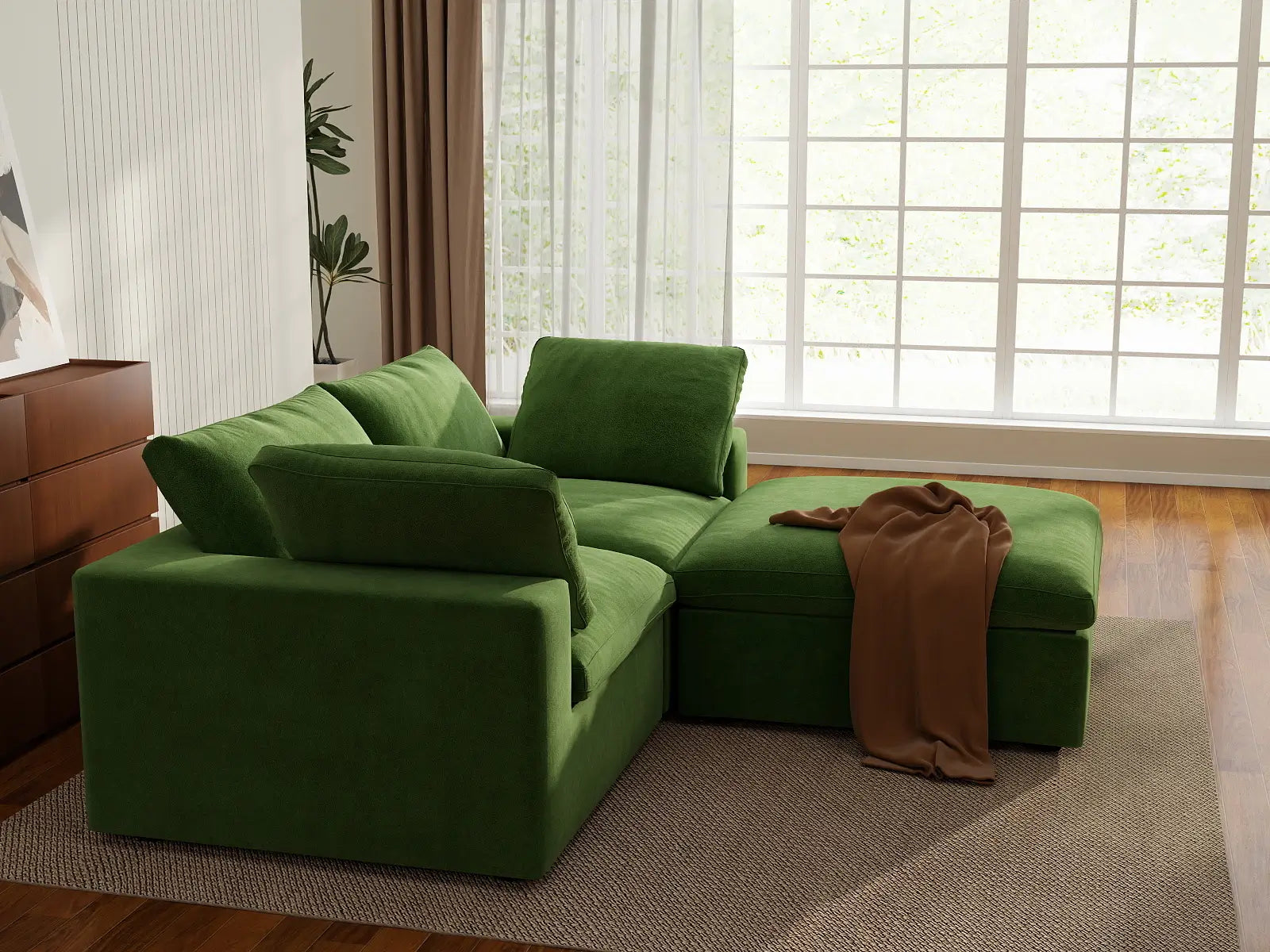 Deluxe Cloud 2-Seater Chaise Sectional in Earth Green Velvet | 3-Piece (Includes 1 Ottoman), Lounge Room Seating, Easy To Clean, Stylish Design