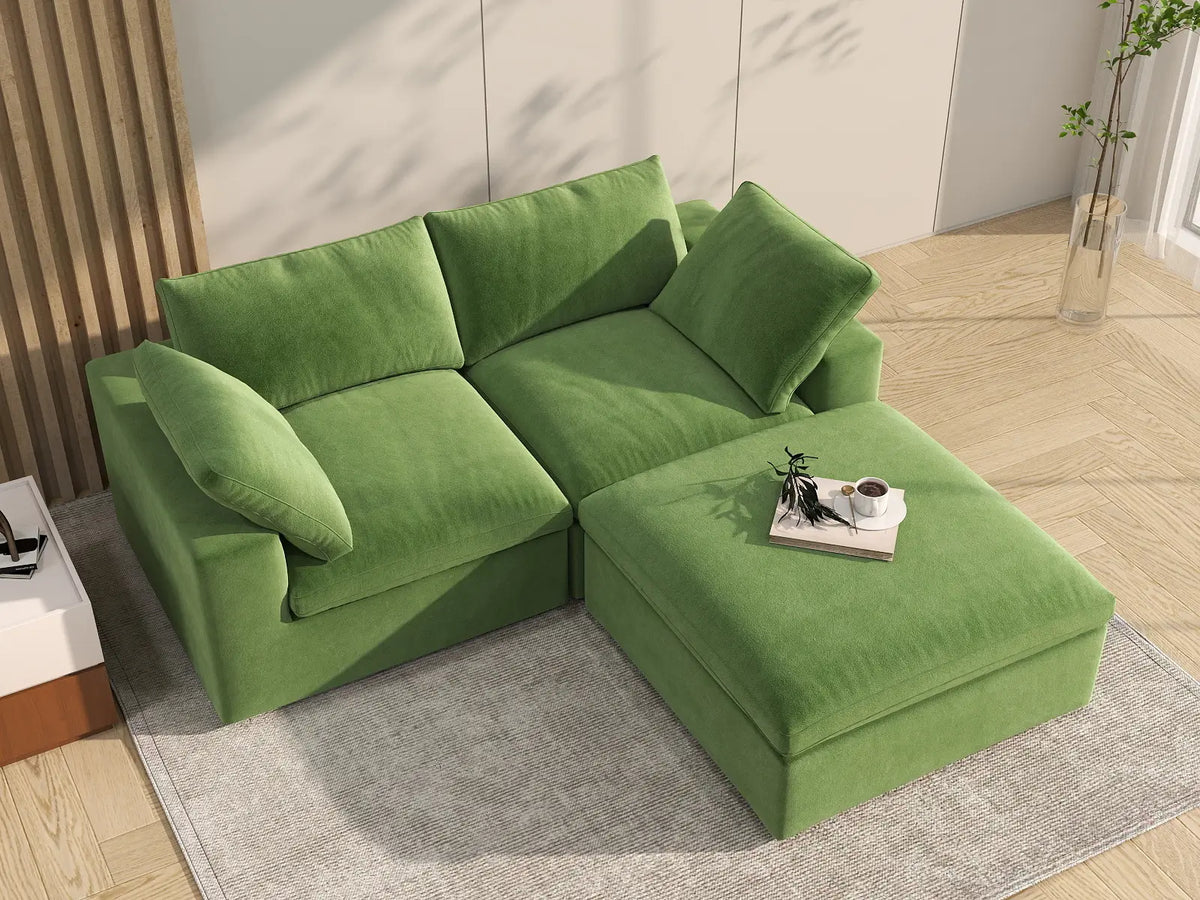 Deluxe Cloud 2-Seater Chaise Sectional in Earth Green Velvet | 3-Piece (Includes 1 Ottoman), Lounge Room Seating, Easy To Clean, Stylish Design
