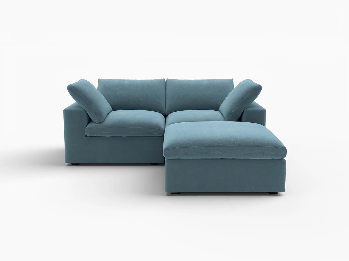 Deluxe Cloud 2-Seater Chaise Sectional in Light Blue Velvet | 3-Piece (Includes 1 Ottoman), Lounge Room Seating, Easy To Clean, Modern Style