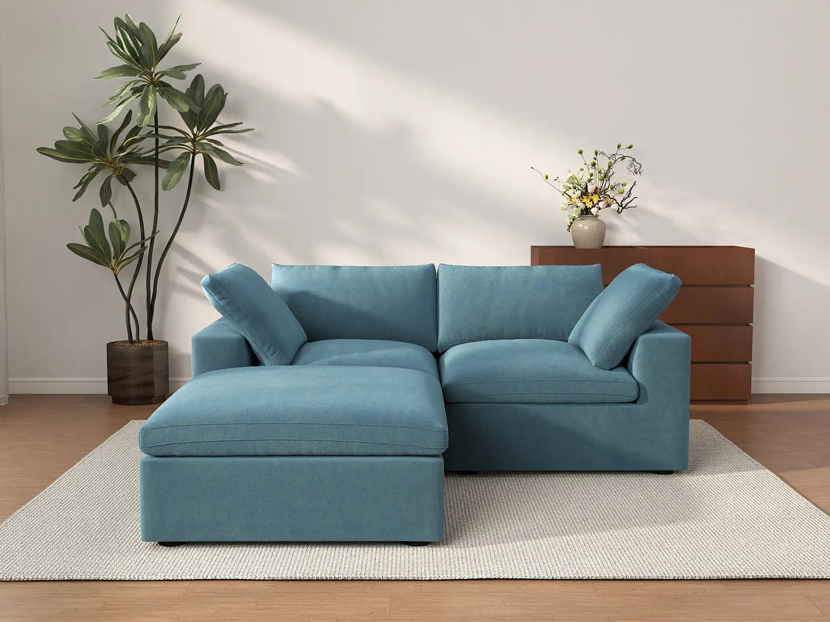Deluxe Cloud 2-Seater Chaise Sectional in Light Blue Velvet | 3-Piece (Includes 1 Ottoman), Lounge Room Seating, Easy To Clean, Modern Style