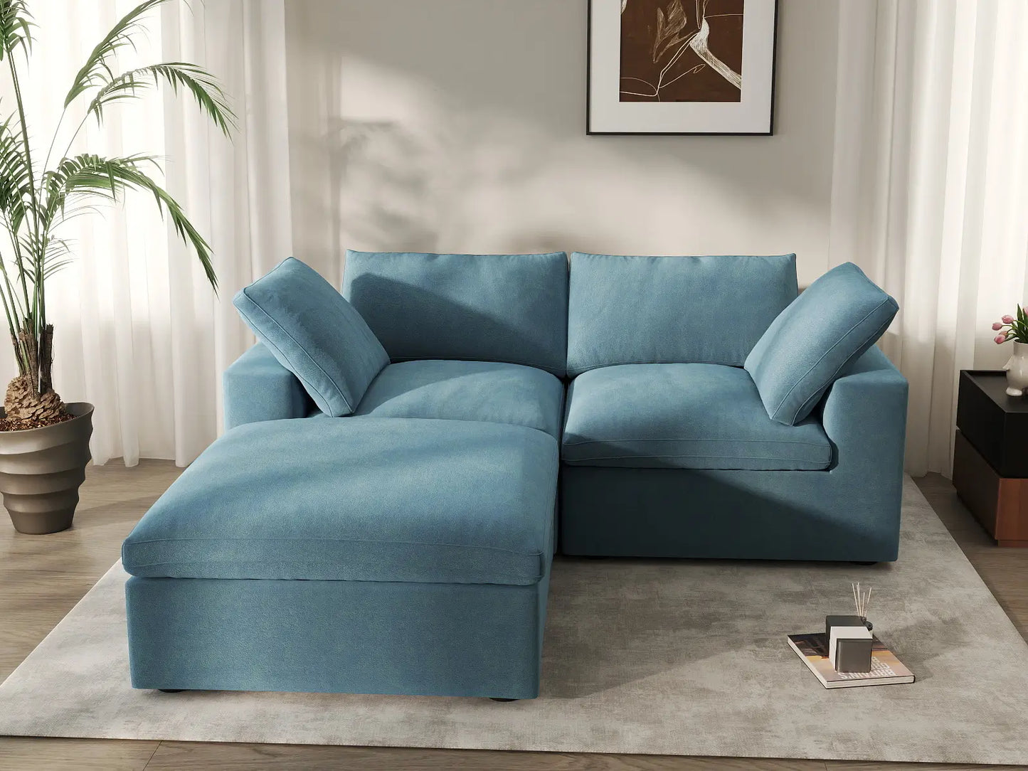 Deluxe Cloud 2-Seater Chaise Sectional in Light Blue Velvet | 3-Piece (Includes 1 Ottoman), Lounge Room Seating, Easy To Clean, Modern Style