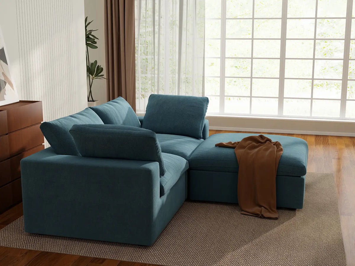 Deluxe Cloud 2-Seater Chaise Sectional in Light Blue Velvet | 3-Piece (Includes 1 Ottoman), Lounge Room Seating, Easy To Clean, Modern Style