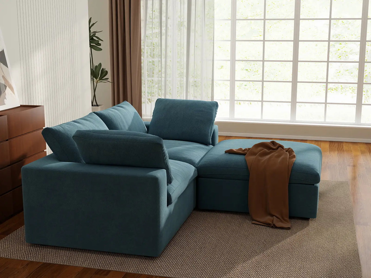 Deluxe Cloud 2-Seater Chaise Sectional in Light Blue Velvet | 3-Piece (Includes 1 Ottoman), Lounge Room Seating, Easy To Clean, Modern Style