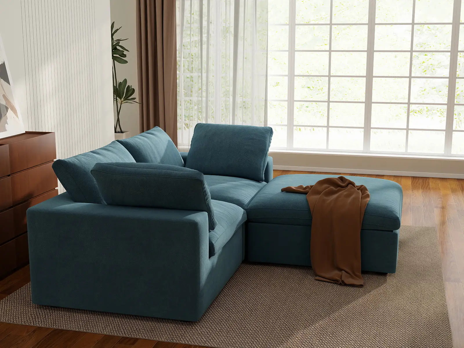 Deluxe Cloud 2-Seater Chaise Sectional in Light Blue Velvet | 3-Piece (Includes 1 Ottoman), Lounge Room Seating, Easy To Clean, Modern Style