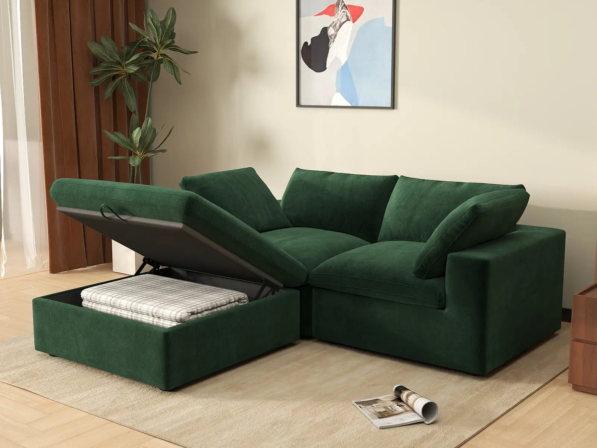 Deluxe Cloud 2-Seater Chaise Sectional in Olive Green Velvet | 3-Piece (Includes 1 Ottoman), Lounge Room Seating, Easy To Clean, Small Space