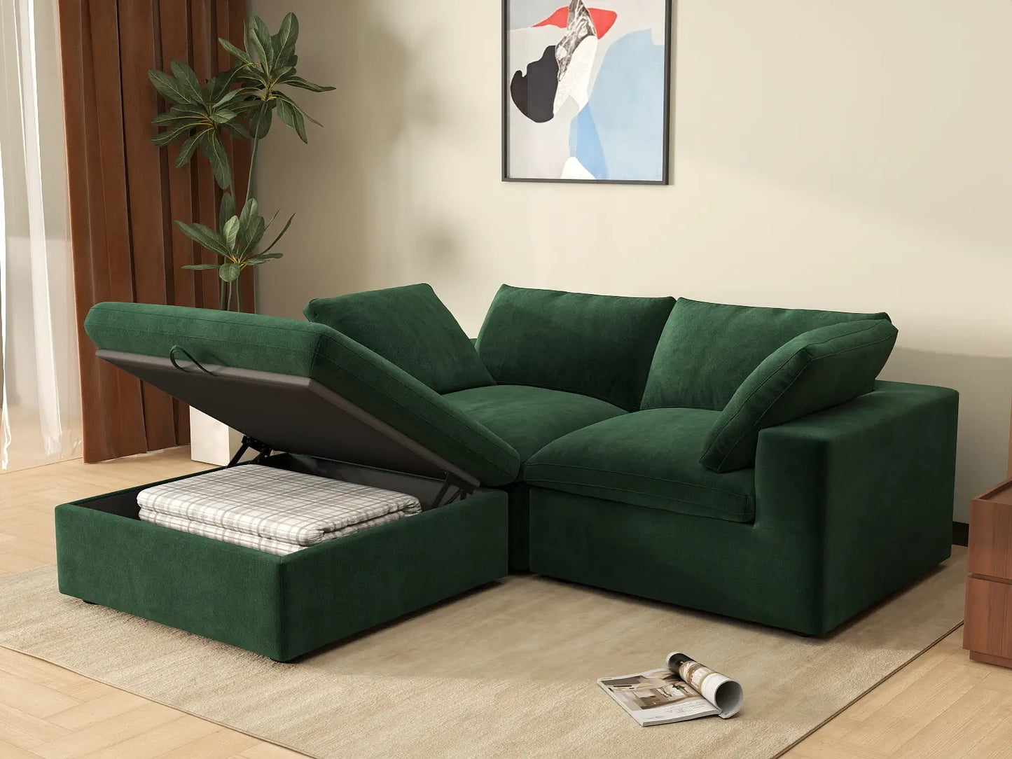 Deluxe Cloud 2-Seater Chaise Sectional in Olive Green Velvet | 3-Piece (Includes 1 Ottoman), Lounge Room Seating, Easy To Clean, Small Space