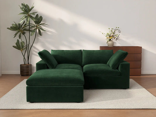 Deluxe Cloud 2-Seater Chaise Sectional in Olive Green Velvet | 3-Piece (Includes 1 Ottoman), Lounge Room Seating, Easy To Clean, Small Space