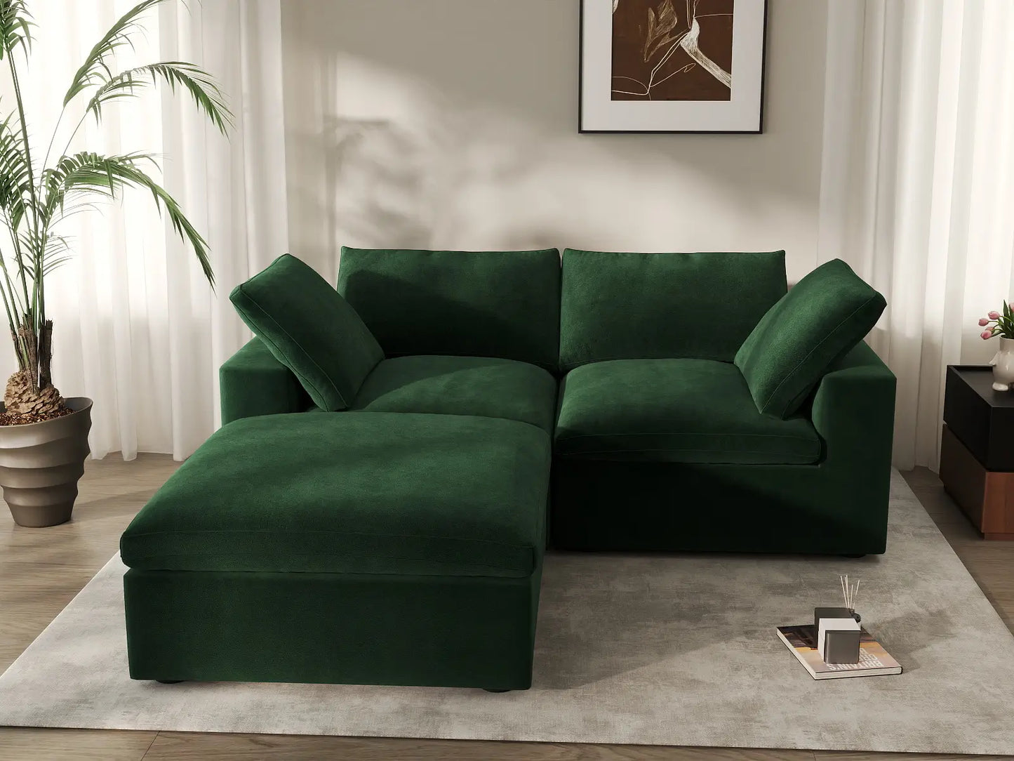 Deluxe Cloud 2-Seater Chaise Sectional in Olive Green Velvet | 3-Piece (Includes 1 Ottoman), Lounge Room Seating, Easy To Clean, Small Space