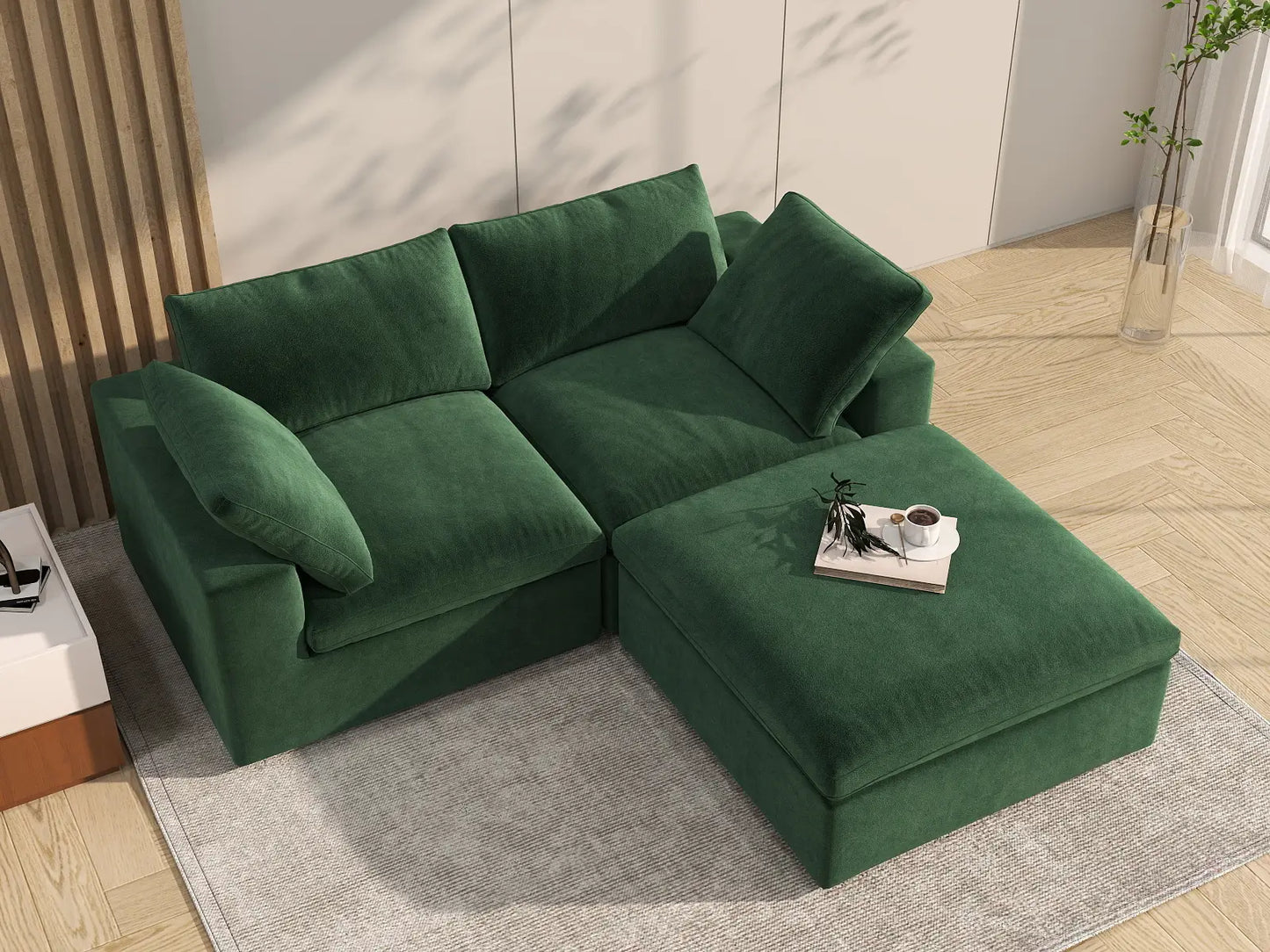 Deluxe Cloud 2-Seater Chaise Sectional in Olive Green Velvet | 3-Piece (Includes 1 Ottoman), Lounge Room Seating, Easy To Clean, Small Space