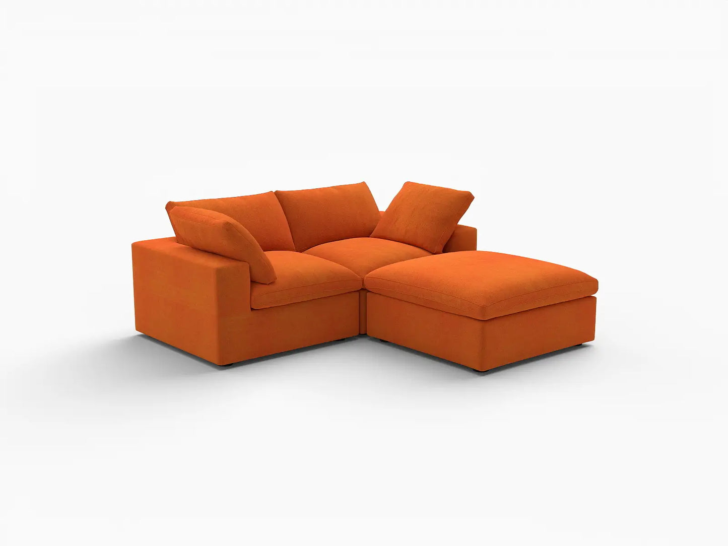 Deluxe Cloud 2-Seater Chaise Sectional in Orange Velvet | 3-Piece (Includes 1 Ottoman), Lounge Room Seating, Easy To Clean, Contemporary Style