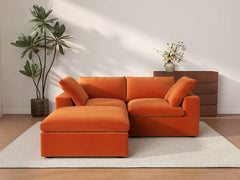 Deluxe Cloud 2-Seater Chaise Sectional in Orange Velvet | 3-Piece (Includes 1 Ottoman), Lounge Room Seating, Easy To Clean, Contemporary Style