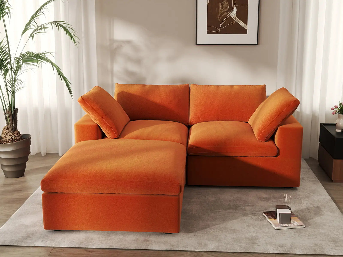 Deluxe Cloud 2-Seater Chaise Sectional in Orange Velvet | 3-Piece (Includes 1 Ottoman), Lounge Room Seating, Easy To Clean, Contemporary Style