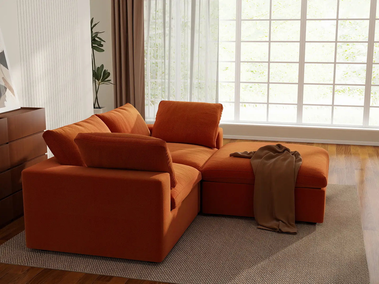 Deluxe Cloud 2-Seater Chaise Sectional in Orange Velvet | 3-Piece (Includes 1 Ottoman), Lounge Room Seating, Easy To Clean, Contemporary Style