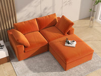 Deluxe Cloud 2-Seater Chaise Sectional in Orange Velvet | 3-Piece (Includes 1 Ottoman), Lounge Room Seating, Easy To Clean, Contemporary Style