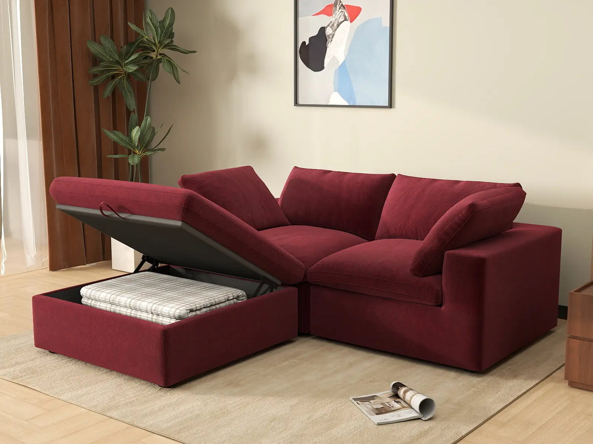 Deluxe Cloud 2-Seater Claret Chaise Sectional | 3-Piece (Includes 1 Ottoman), Velvet Fabric, Lounge Room Seating, Washable Cushion Covers