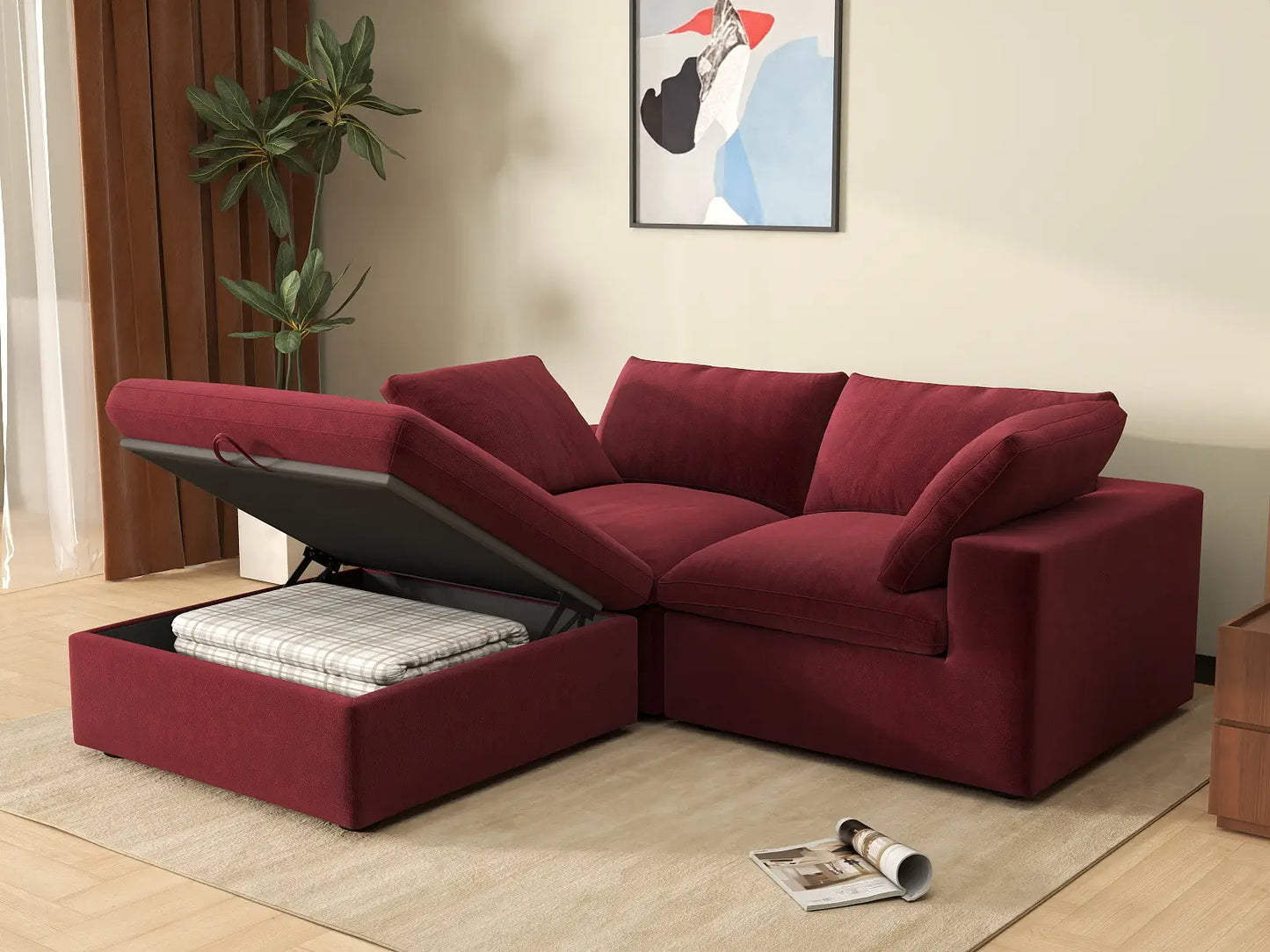 Deluxe Cloud 2-Seater Claret Chaise Sectional | 3-Piece (Includes 1 Ottoman), Velvet Fabric, Lounge Room Seating, Washable Cushion Covers