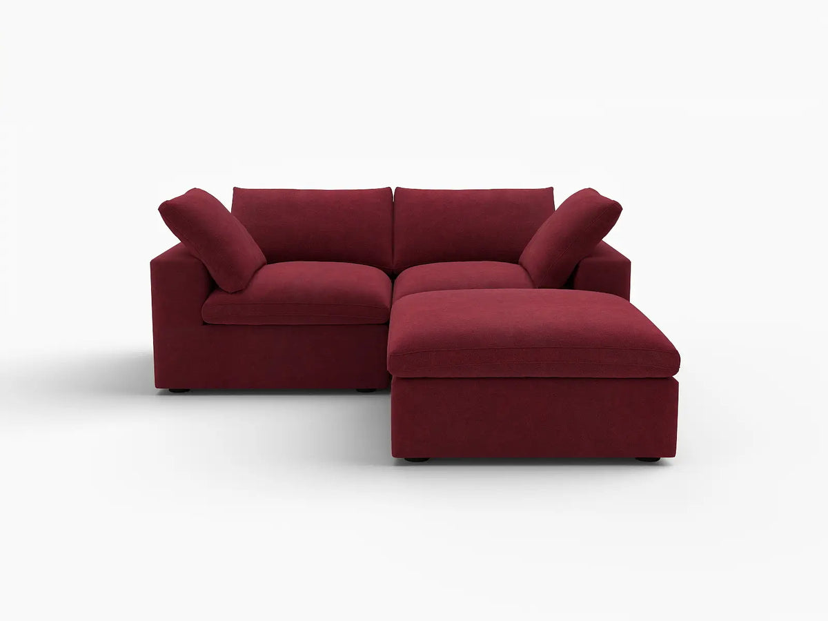 Deluxe Cloud 2-Seater Claret Chaise Sectional | 3-Piece (Includes 1 Ottoman), Velvet Fabric, Lounge Room Seating, Washable Cushion Covers