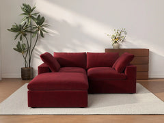 Deluxe Cloud 2-Seater Claret Chaise Sectional | 3-Piece (Includes 1 Ottoman), Velvet Fabric, Lounge Room Seating, Washable Cushion Covers