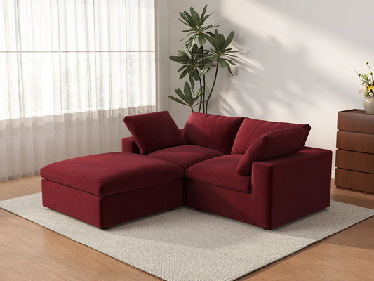 Deluxe Cloud 2-Seater Claret Chaise Sectional | 3-Piece (Includes 1 Ottoman), Velvet Fabric, Lounge Room Seating, Washable Cushion Covers