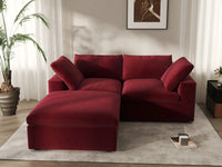 Deluxe Cloud 2-Seater Claret Chaise Sectional | 3-Piece (Includes 1 Ottoman), Velvet Fabric, Lounge Room Seating, Washable Cushion Covers