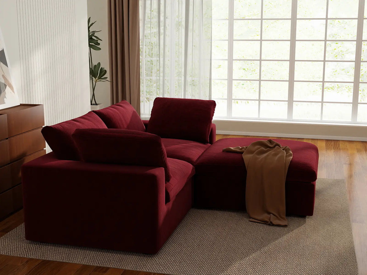 Deluxe Cloud 2-Seater Claret Chaise Sectional | 3-Piece (Includes 1 Ottoman), Velvet Fabric, Lounge Room Seating, Washable Cushion Covers