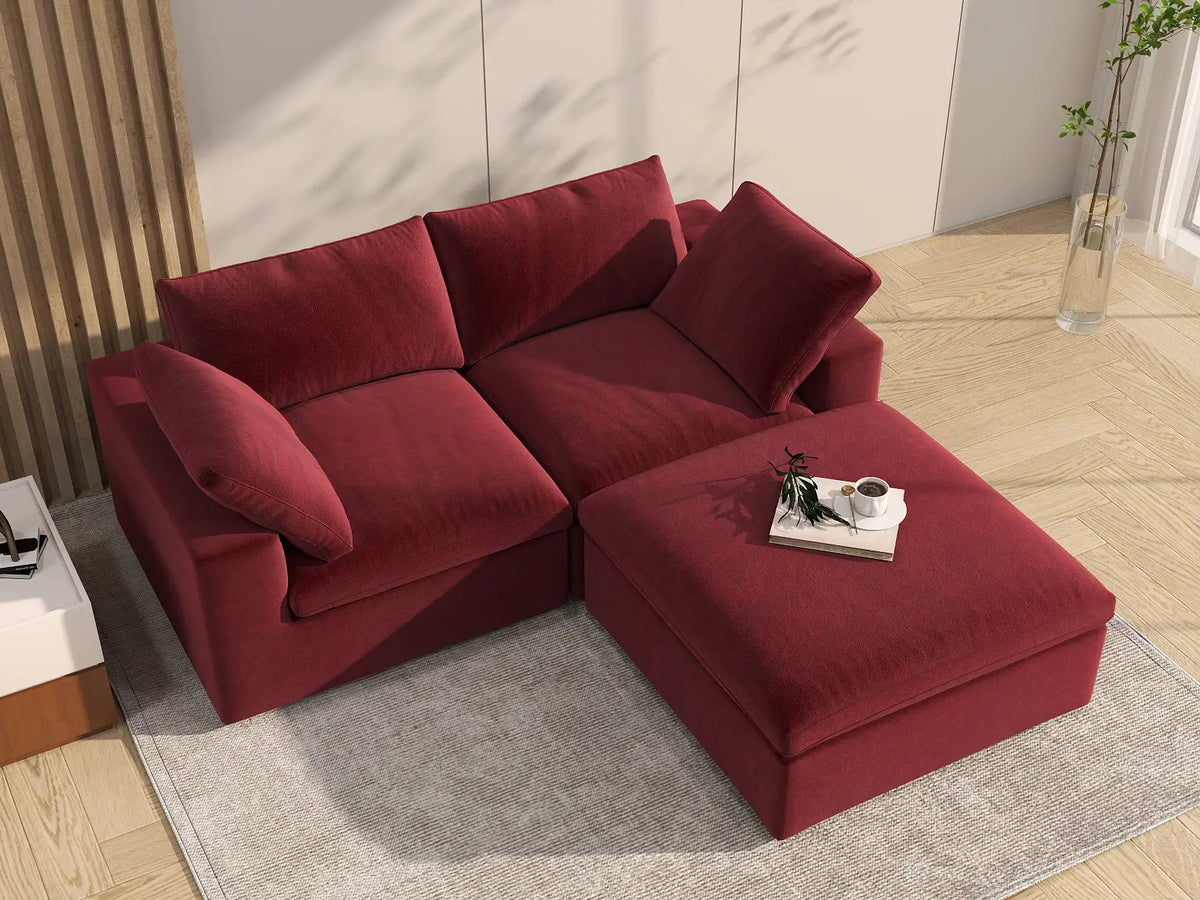 Deluxe Cloud 2-Seater Claret Chaise Sectional | 3-Piece (Includes 1 Ottoman), Velvet Fabric, Lounge Room Seating, Washable Cushion Covers