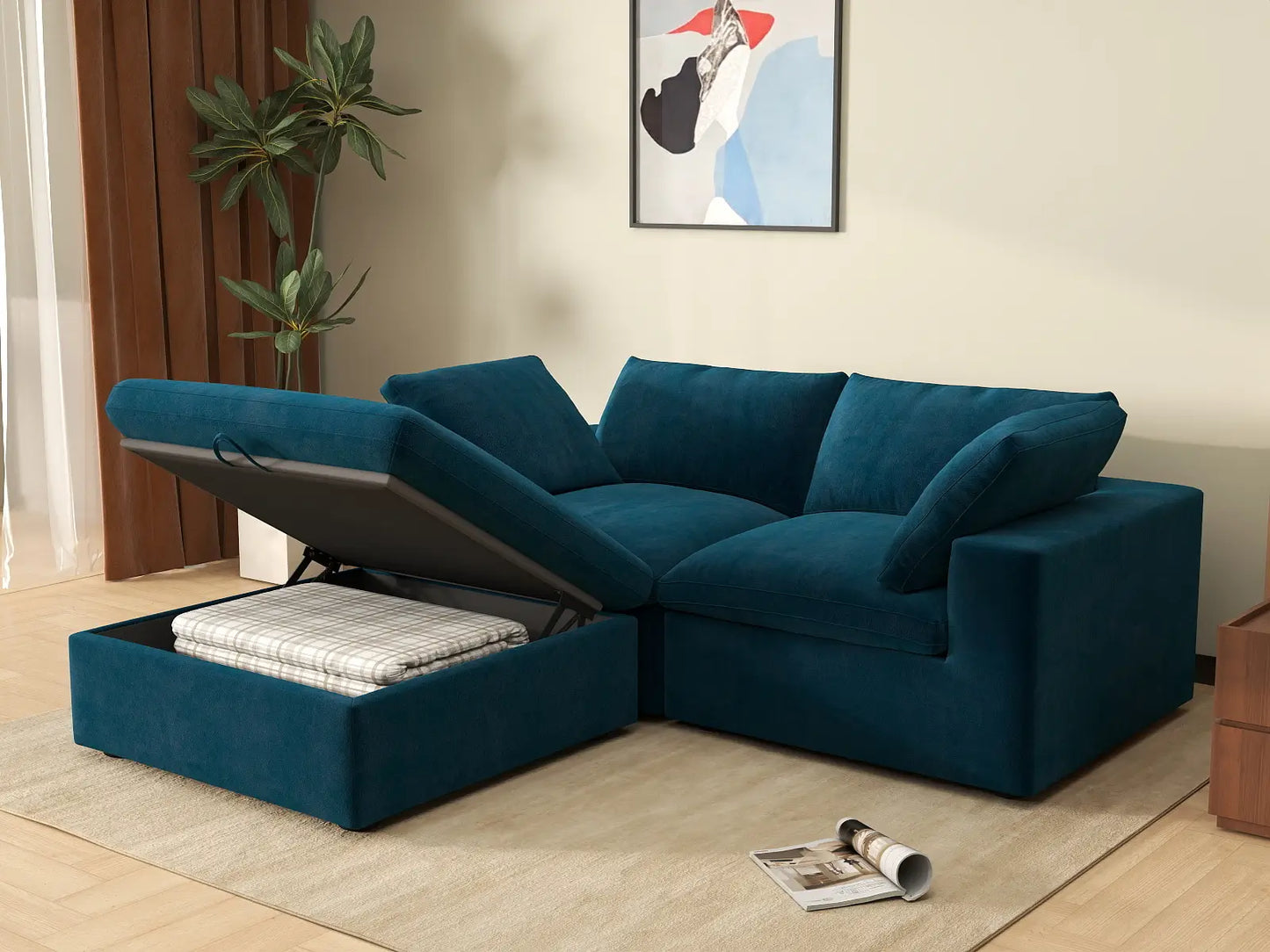 Deluxe Cloud 2-Seater Dark Blue Chaise Sectional | 3-Piece (Includes 1 Ottoman), Velvet Fabric, Lounge Room Seating, Washable Cushion Covers