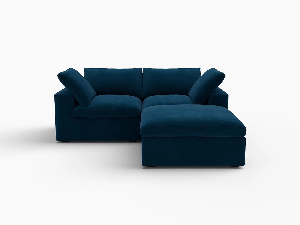 Deluxe Cloud 2-Seater Dark Blue Chaise Sectional | 3-Piece (Includes 1 Ottoman), Velvet Fabric, Lounge Room Seating, Washable Cushion Covers