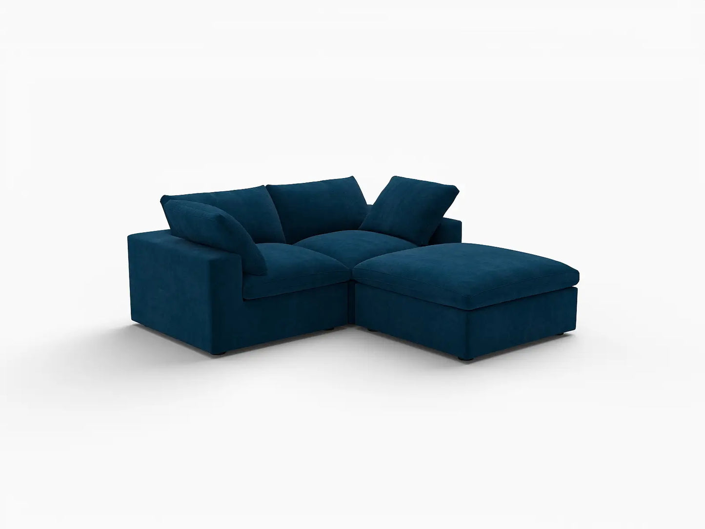 Deluxe Cloud 2-Seater Dark Blue Chaise Sectional | 3-Piece (Includes 1 Ottoman), Velvet Fabric, Lounge Room Seating, Washable Cushion Covers