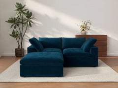 Deluxe Cloud 2-Seater Dark Blue Chaise Sectional | 3-Piece (Includes 1 Ottoman), Velvet Fabric, Lounge Room Seating, Washable Cushion Covers