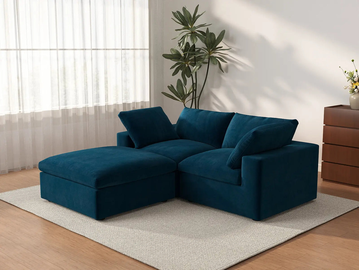 Deluxe Cloud 2-Seater Dark Blue Chaise Sectional | 3-Piece (Includes 1 Ottoman), Velvet Fabric, Lounge Room Seating, Washable Cushion Covers