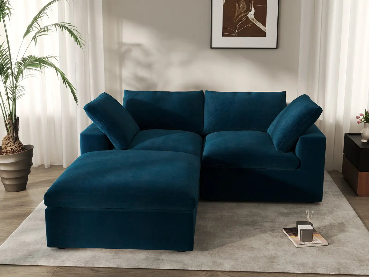 Deluxe Cloud 2-Seater Dark Blue Chaise Sectional | 3-Piece (Includes 1 Ottoman), Velvet Fabric, Lounge Room Seating, Washable Cushion Covers