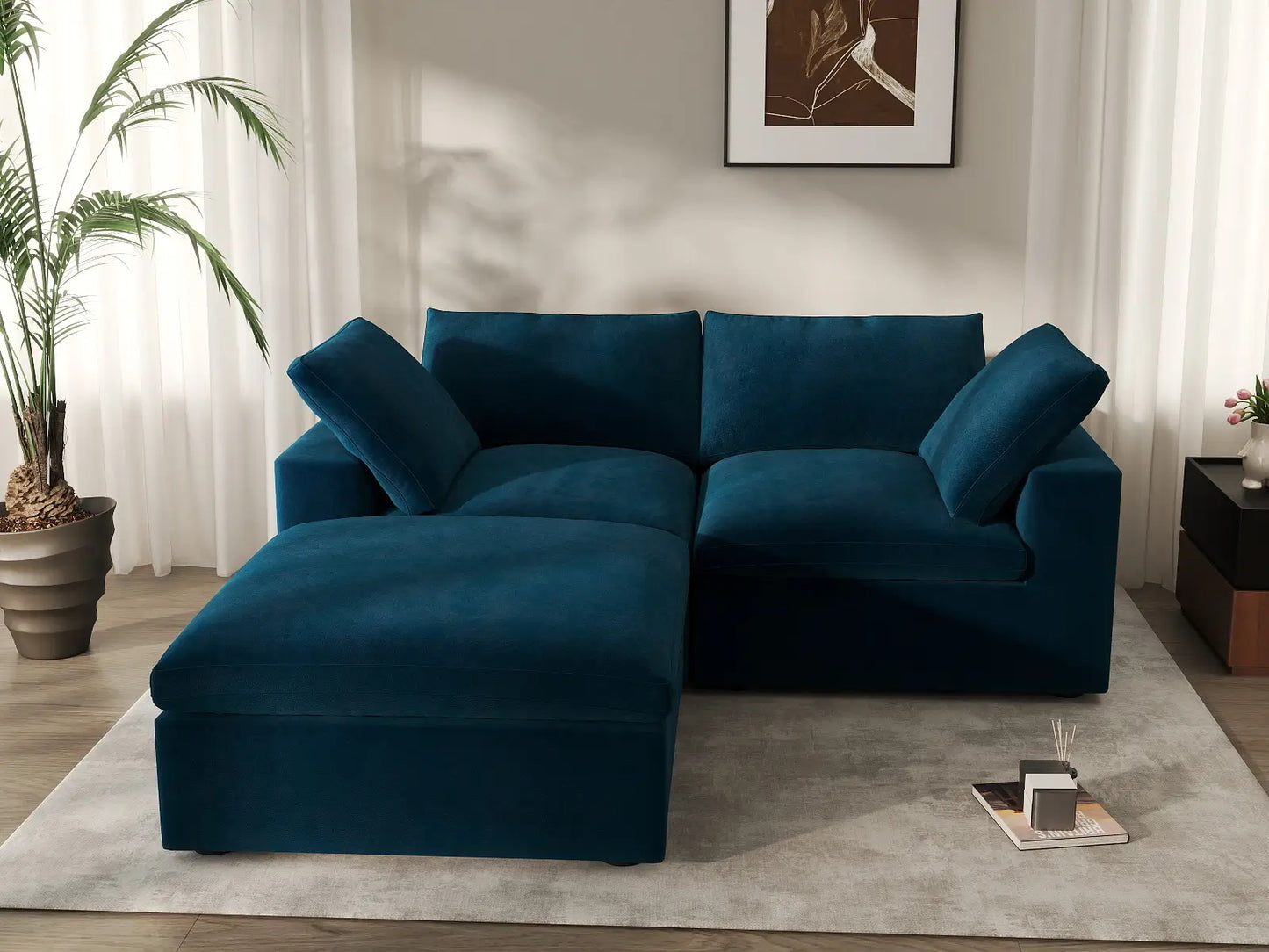 Deluxe Cloud 2-Seater Dark Blue Chaise Sectional | 3-Piece (Includes 1 Ottoman), Velvet Fabric, Lounge Room Seating, Washable Cushion Covers