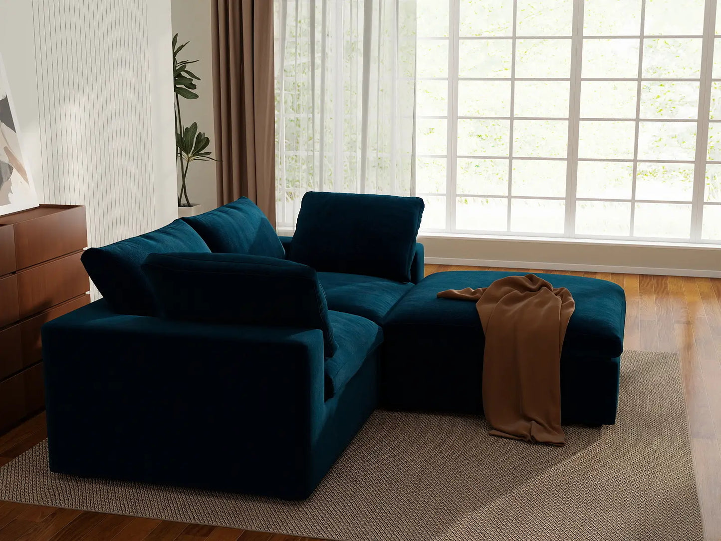 Deluxe Cloud 2-Seater Dark Blue Chaise Sectional | 3-Piece (Includes 1 Ottoman), Velvet Fabric, Lounge Room Seating, Washable Cushion Covers
