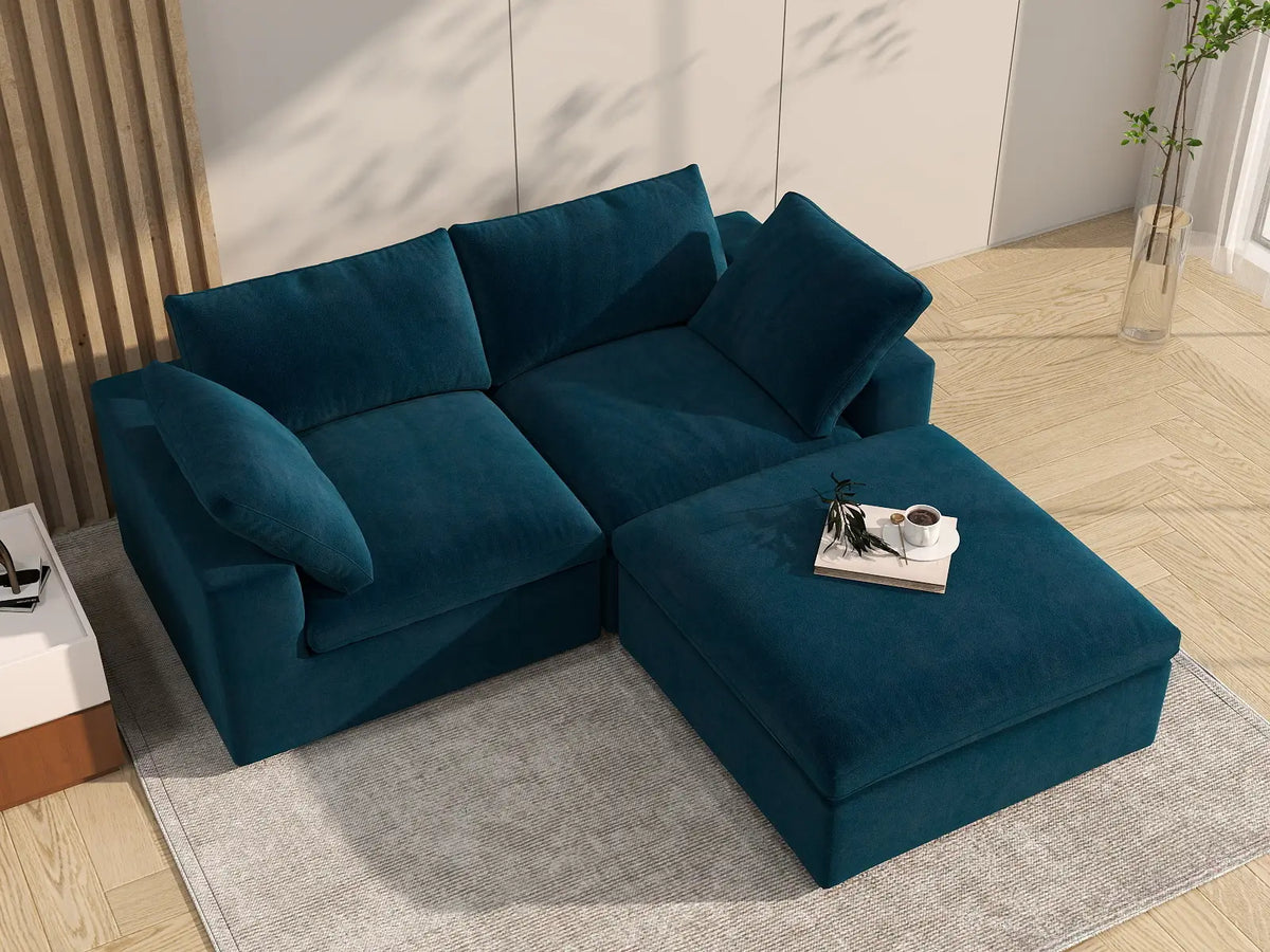 Deluxe Cloud 2-Seater Dark Blue Chaise Sectional | 3-Piece (Includes 1 Ottoman), Velvet Fabric, Lounge Room Seating, Washable Cushion Covers