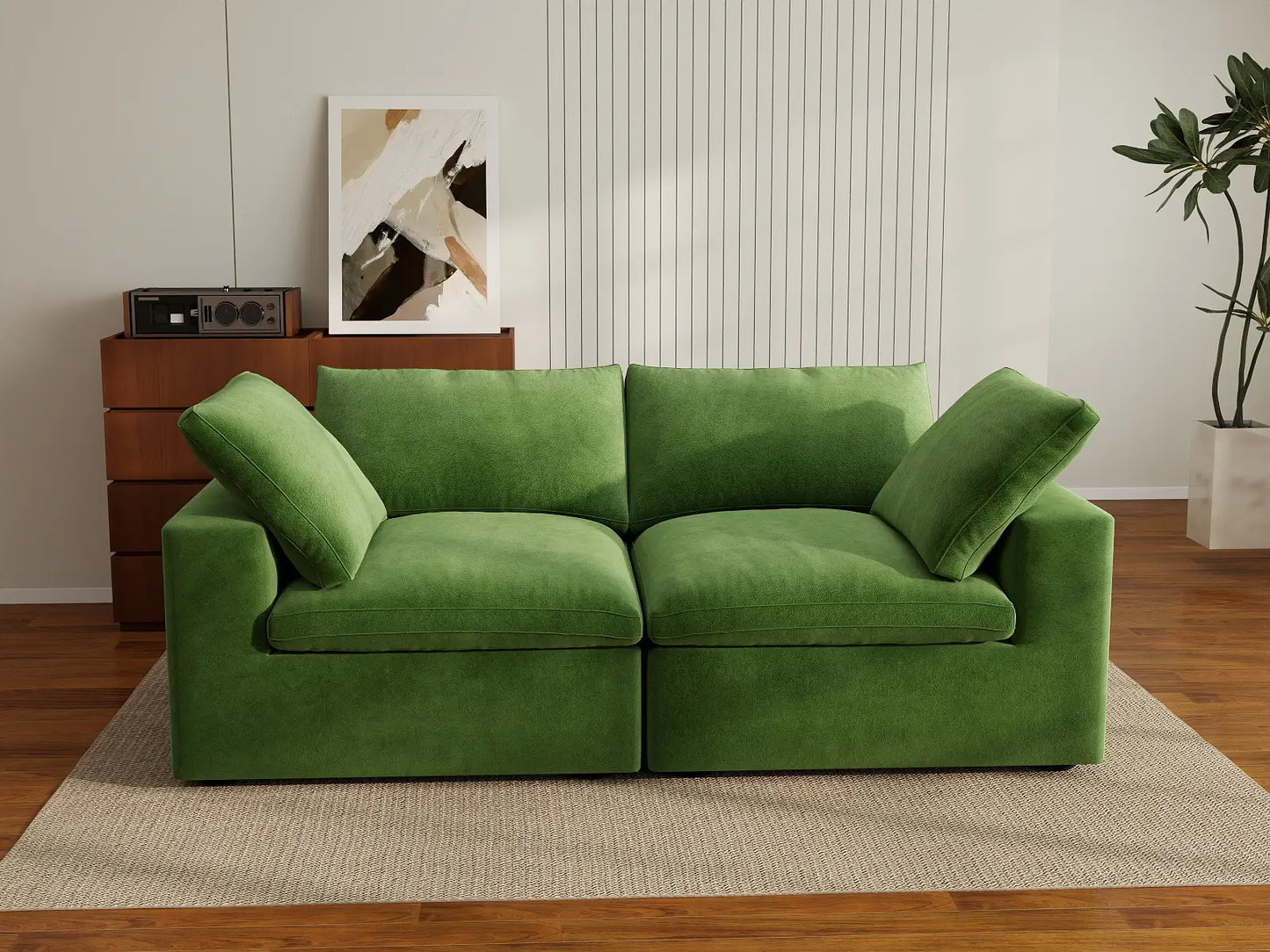 Deluxe Cloud 2-Seater Earth Green Loveseat | 2-Piece, Velvet Fabric, Small Space Seating, Washable Cushion Covers