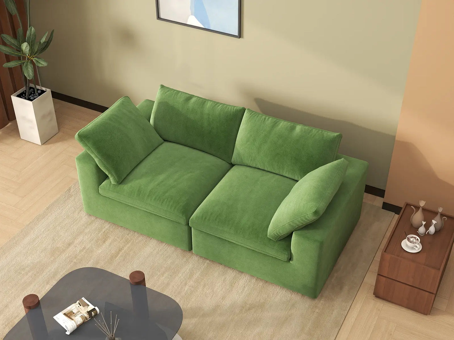Deluxe Cloud 2-Seater Earth Green Loveseat | 2-Piece, Velvet Fabric, Small Space Seating, Washable Cushion Covers