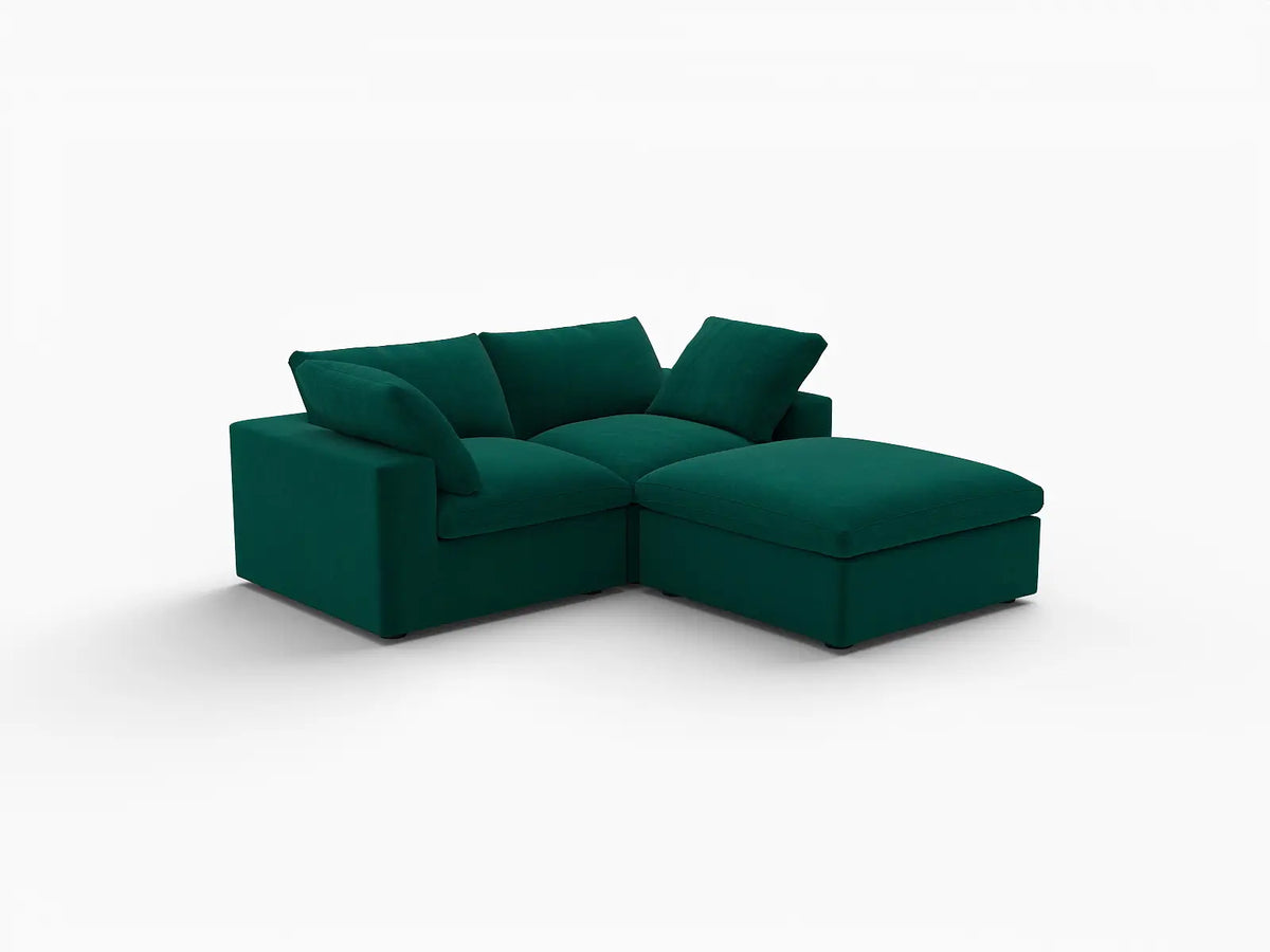 Deluxe Cloud 2-Seater Gem Green Chaise Sectional | 3-Piece (Includes 1 Ottoman), Velvet Fabric, Lounge Room Seating, Washable Cushion Covers