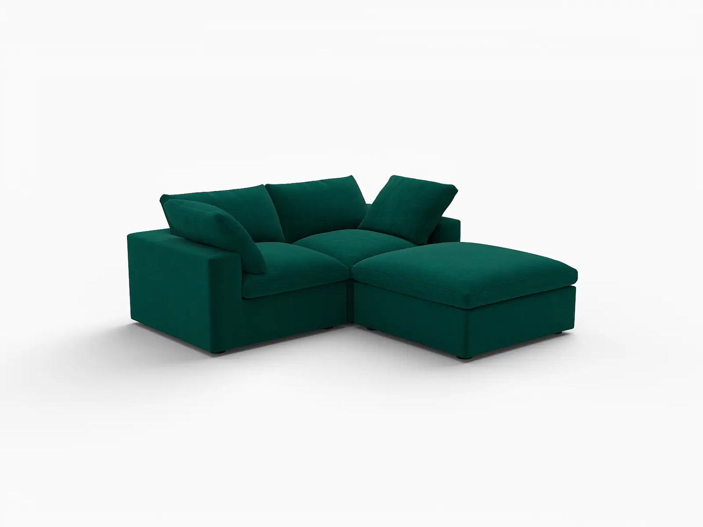 Deluxe Cloud 2-Seater Gem Green Chaise Sectional | 3-Piece (Includes 1 Ottoman), Velvet Fabric, Lounge Room Seating, Washable Cushion Covers