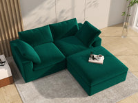 Deluxe Cloud 2-Seater Gem Green Chaise Sectional | 3-Piece (Includes 1 Ottoman), Velvet Fabric, Lounge Room Seating, Washable Cushion Covers