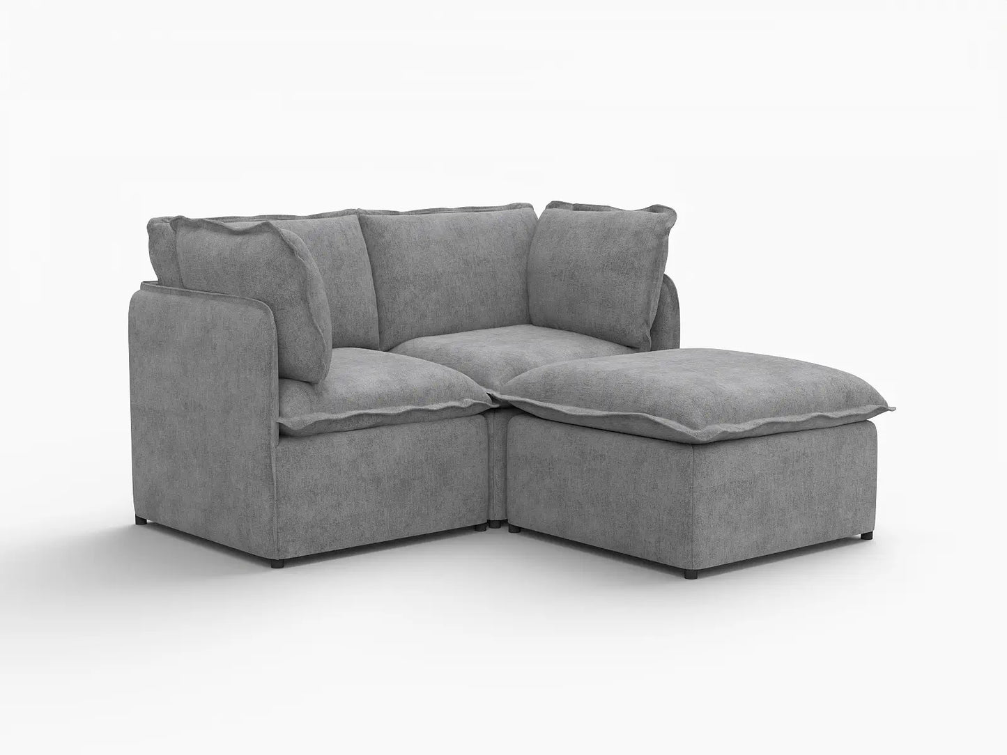 Deluxe Cloud 2-Seater Grey Small Space Chaise Sectional | 3-Piece (Includes 1 Ottoman), Linen Look Poly Fabric, Easy To Clean