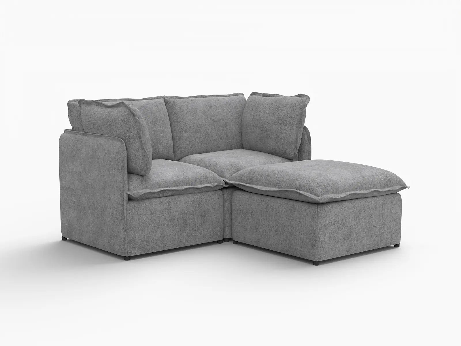 Deluxe Cloud 2-Seater Grey Small Space Chaise Sectional | 3-Piece (Includes 1 Ottoman), Linen Look Poly Fabric, Easy To Clean
