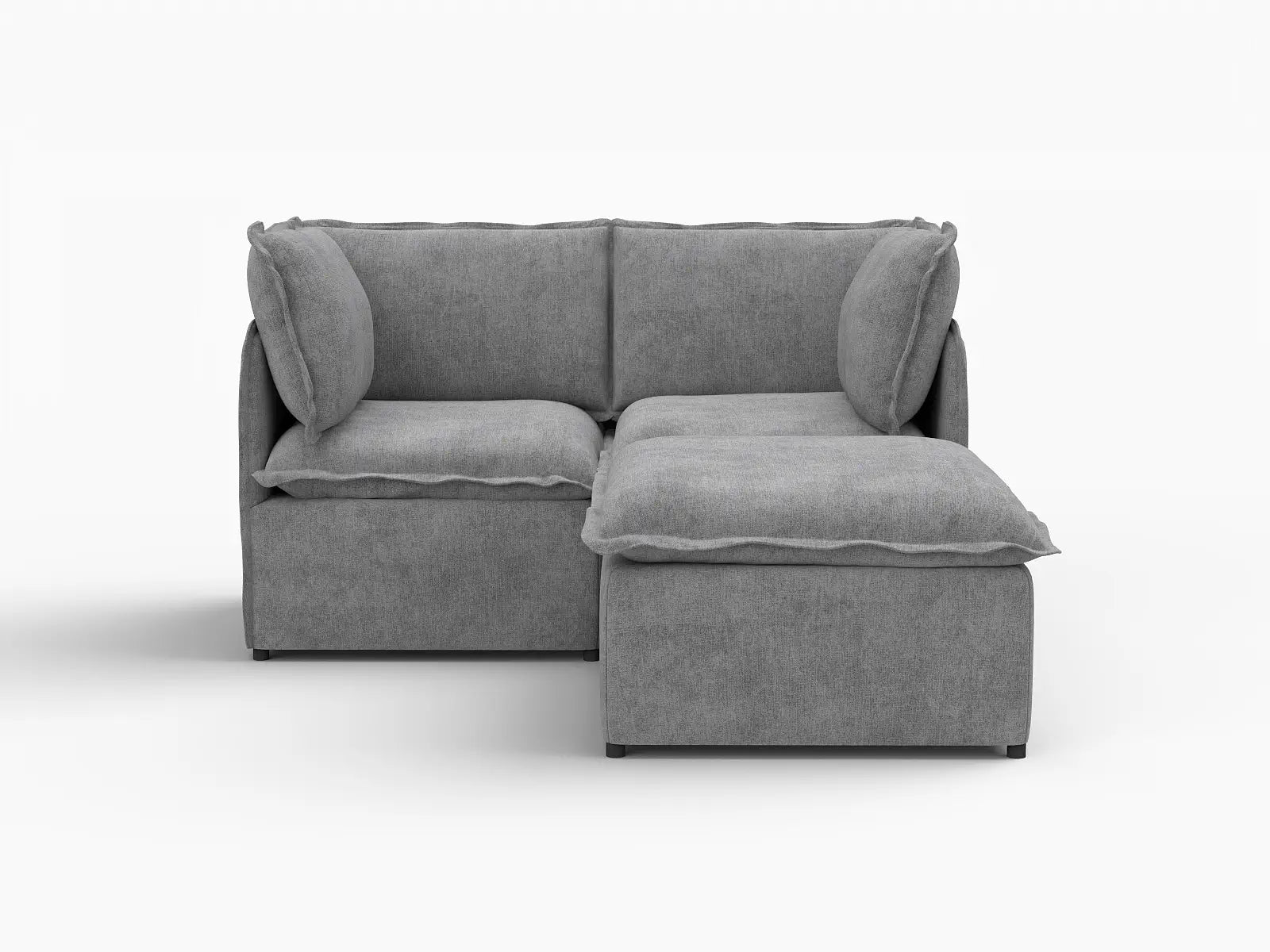 Deluxe Cloud 2-Seater Grey Small Space Chaise Sectional | 3-Piece (Includes 1 Ottoman), Linen Look Poly Fabric, Easy To Clean