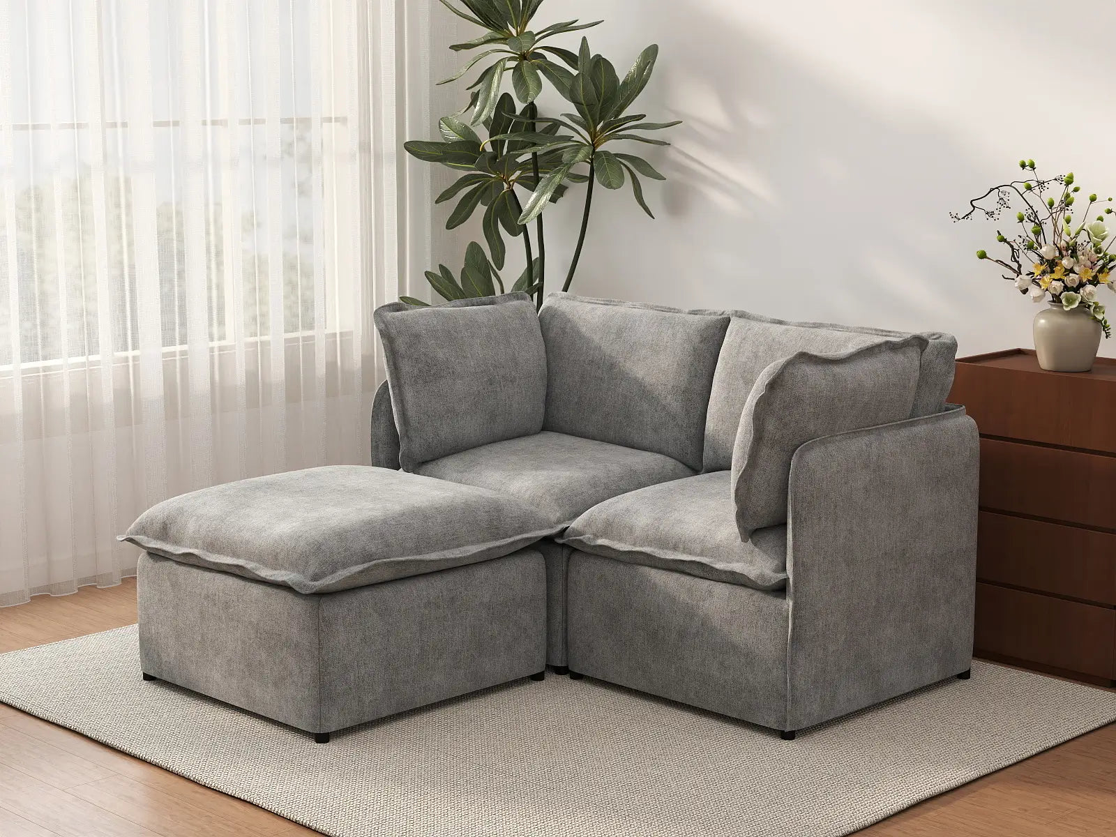 Deluxe Cloud 2-Seater Grey Small Space Chaise Sectional | 3-Piece (Includes 1 Ottoman), Linen Look Poly Fabric, Easy To Clean
