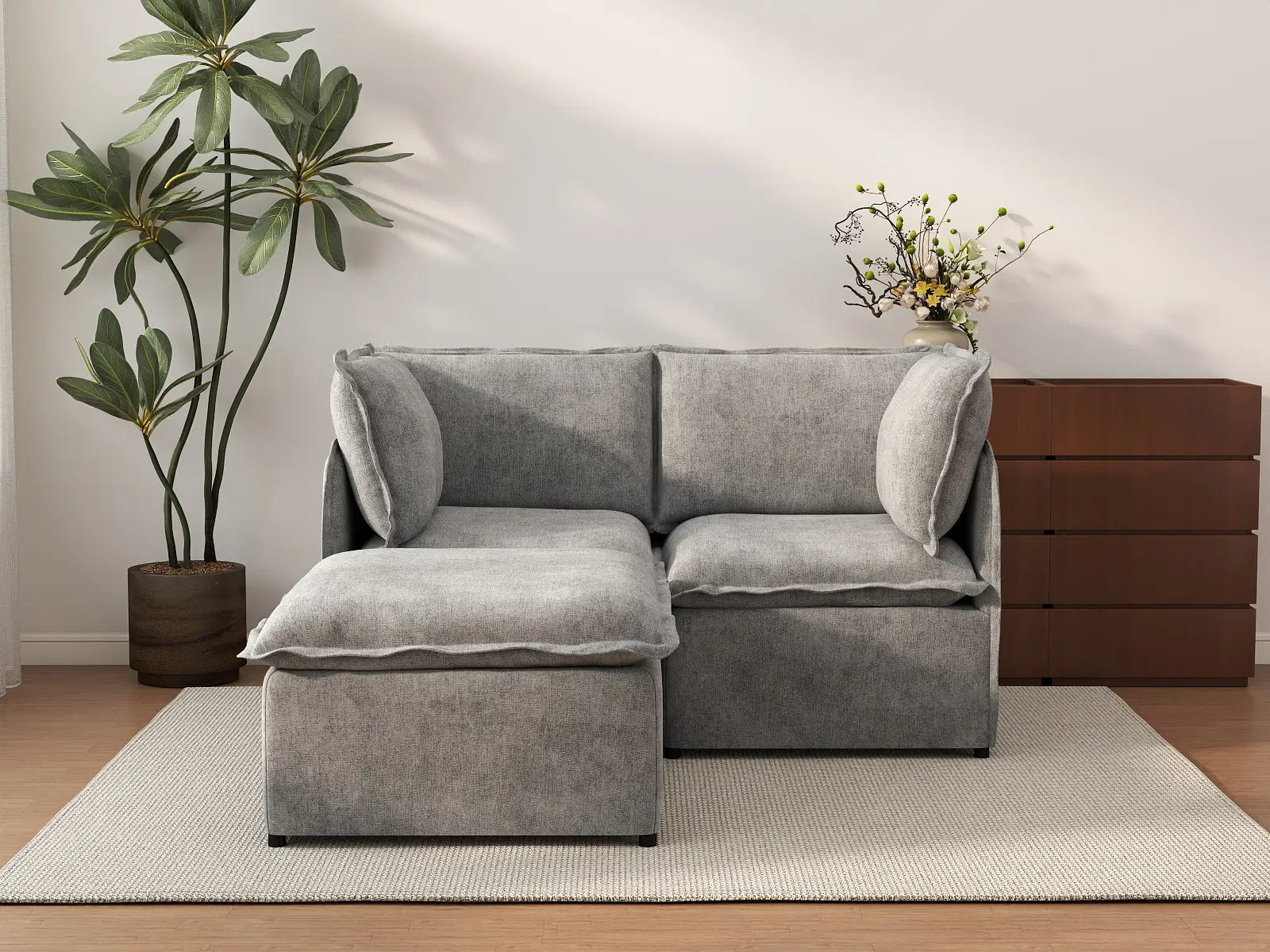 Deluxe Cloud 2-Seater Grey Small Space Chaise Sectional | 3-Piece (Includes 1 Ottoman), Linen Look Poly Fabric, Easy To Clean