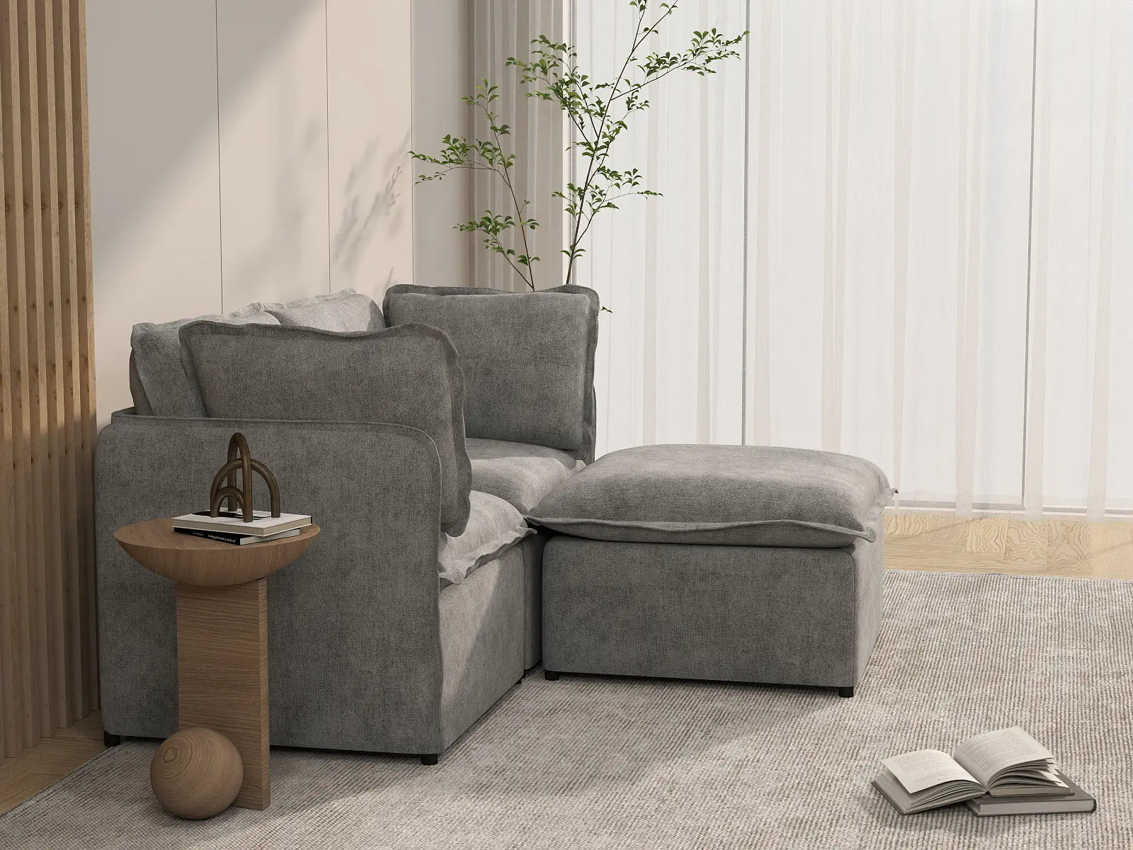 Deluxe Cloud 2-Seater Grey Small Space Chaise Sectional | 3-Piece (Includes 1 Ottoman), Linen Look Poly Fabric, Easy To Clean