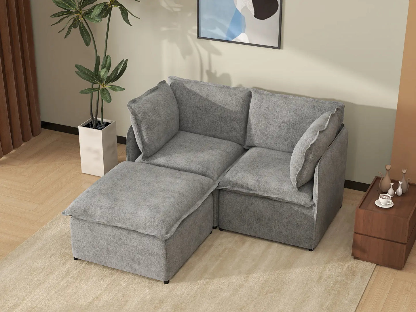 Deluxe Cloud 2-Seater Grey Small Space Chaise Sectional | 3-Piece (Includes 1 Ottoman), Linen Look Poly Fabric, Easy To Clean